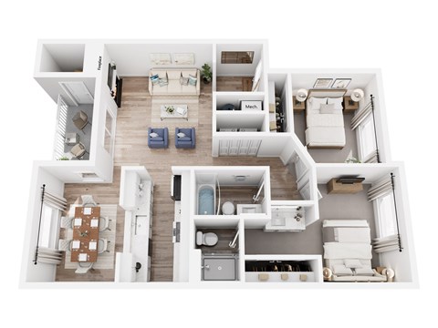 Floor plan for 2 beds, 2 baths, 1130 sqft